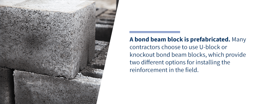 A bound beam block is prefabricated