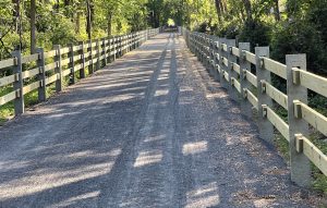 Stone walkway with concrete fence posts lining the sides of the walkway.