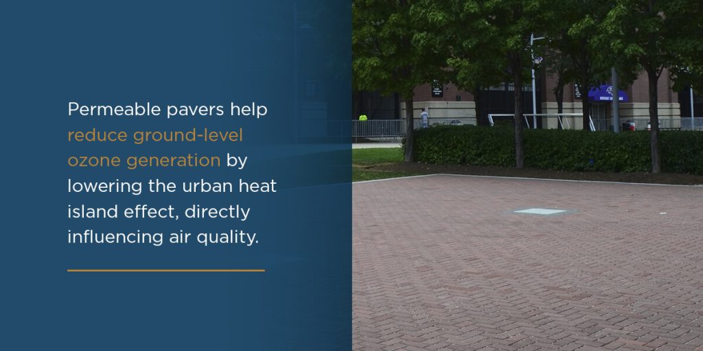 Permeable pavers help reduce ground-level ozone generation by lowering the urban heat island effect, directly influencing air quality. 