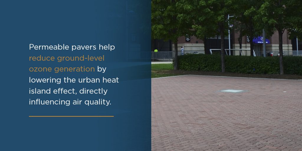 Permeable pavers help reduce ground-level ozone generation by lowering the urban heat island effect, directly influencing air quality.
